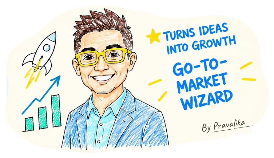 Hand-drawn portrait of Kevin Nakao by Pravalika: Turns Ideas Into Growth, Go-To-Market Wizard